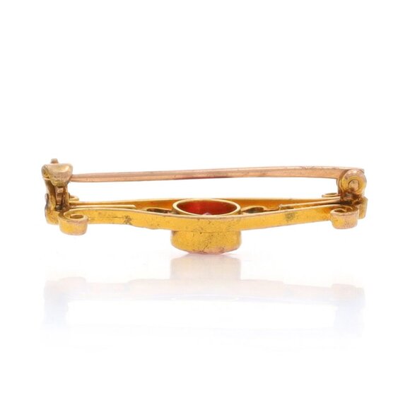 Yellow Gold Lab-Created Ruby Edwardian Solitaire Brooch - 10k Antique Scroll Pin - Picture 2 of 4